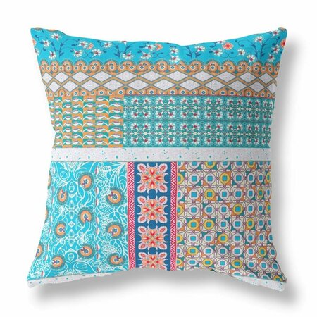 PALACEDESIGNS 16 in. Patch Indoor & Outdoor Zippered Throw Pillow Turquoise & White PA3102685